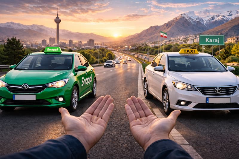 مقایسه اسنپ با تاکسی دربستی در مسیر تهران کرج